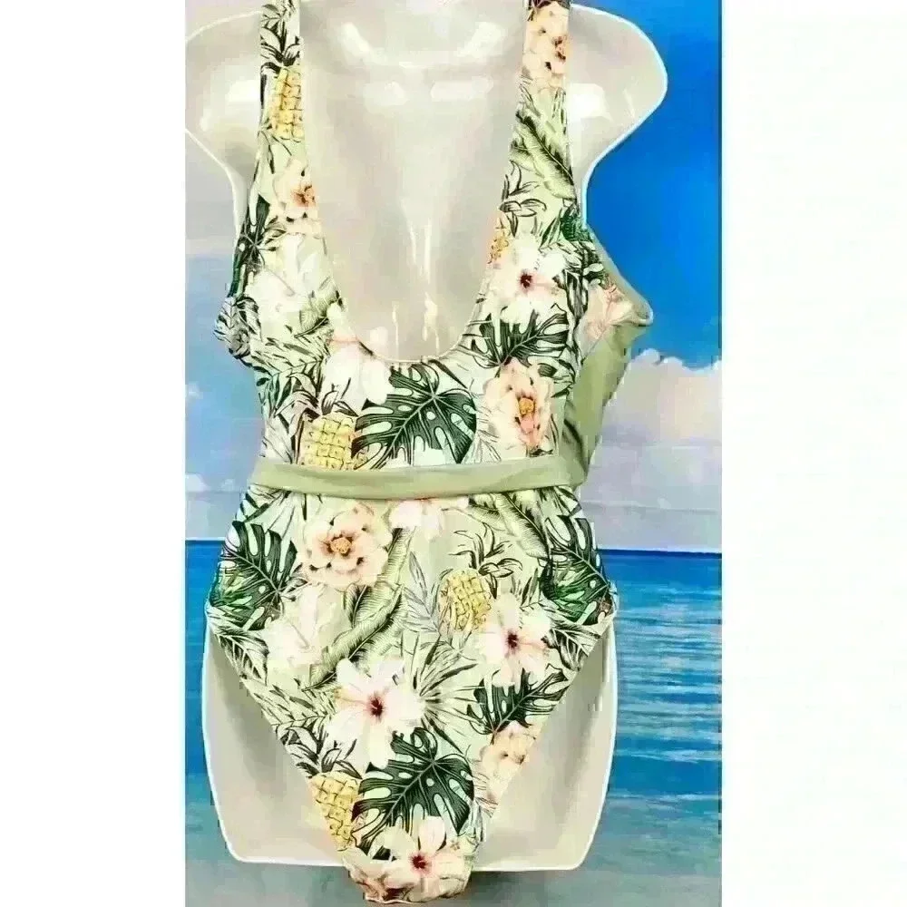 SAGE GREEN and FLORAL one piece Swim Bathing Suit TROPICAL Hawaiian size XL 1x